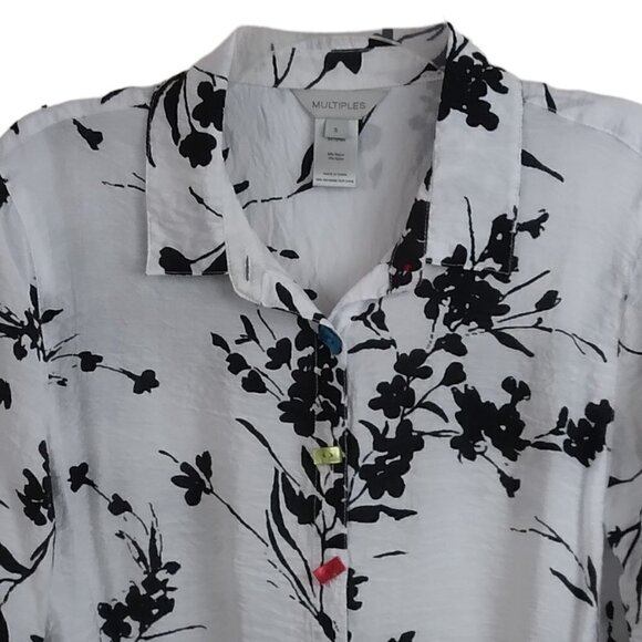 Multiples | Black & White Floral Print Crinkle Woven Blouse Shirt | Size S - Picture 3 of 8
